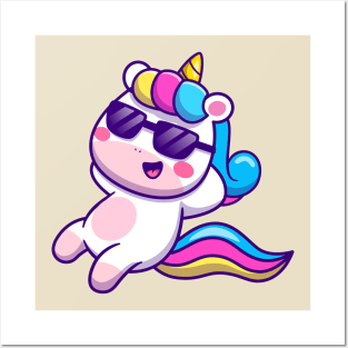 Cute Unicorn Relaxing Wearing Glasses Cartoon Posters and Art